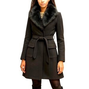 Marciano Wool Blend Tie-Waist Collar Coat Jacket, Chocolate Brown, Size S/P